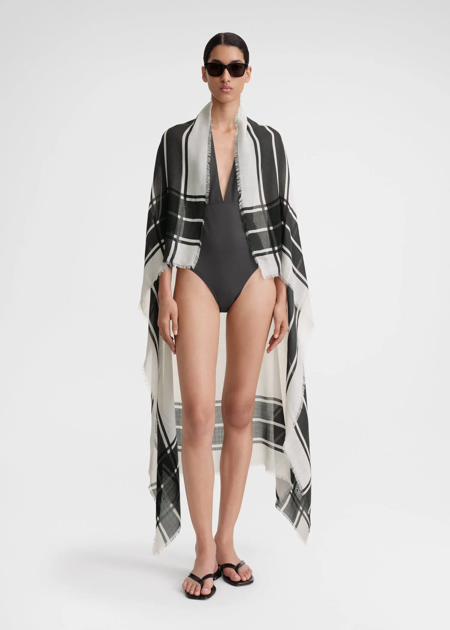 Wool silk blanket scarf black/ecru sold by Toteme product image thumbnail 2