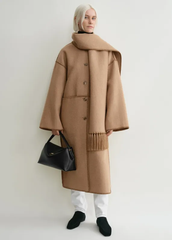 Embroidered scarf coat camel sold by Toteme