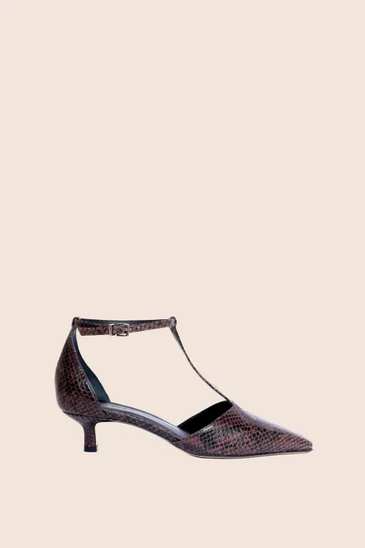 Almada Brown Snake Pump sold by Maguire Shoes