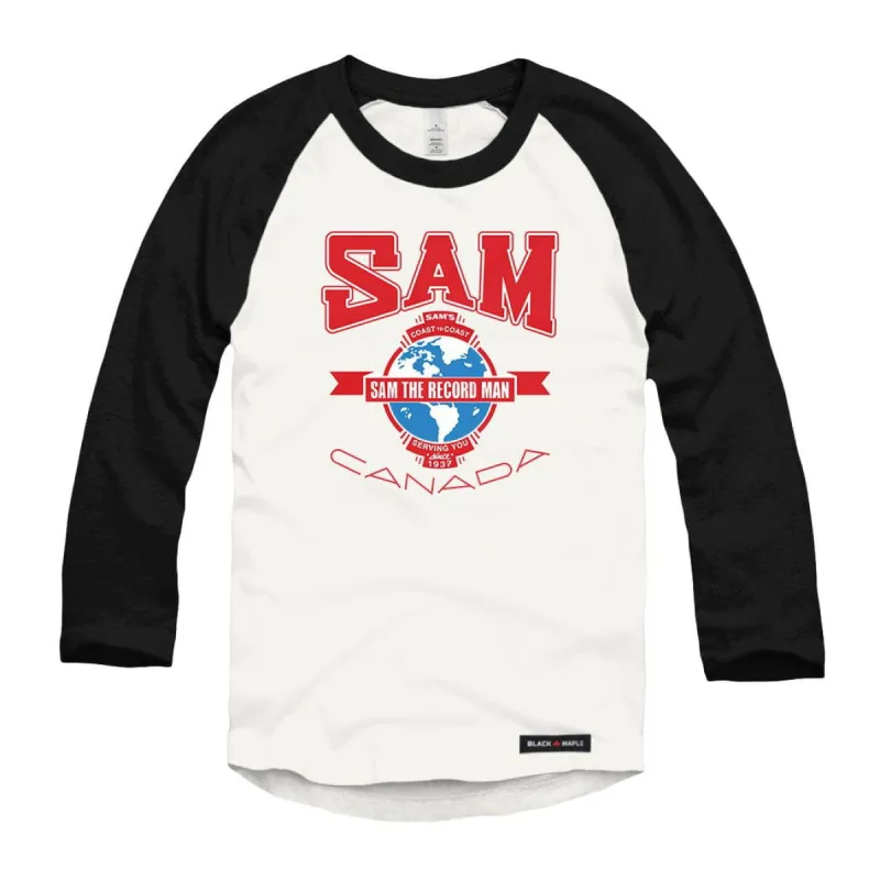 Coast to Coast Sam the Record Man Raglan Baseball Shirt sold by Black Maple Trading