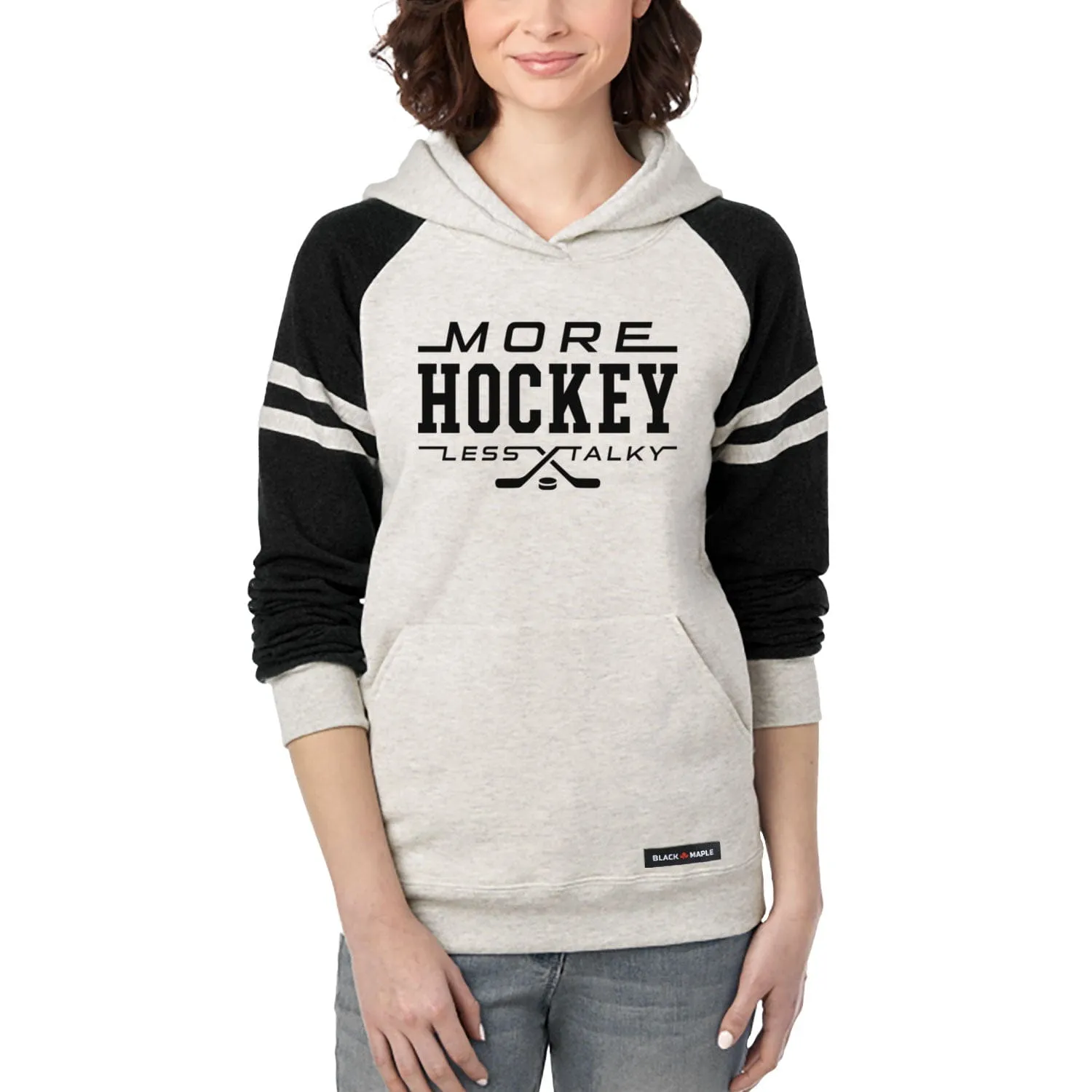More Hockey Less Talky Varsity Hooded Sweatshirt sold by Black Maple Trading product image thumbnail 3