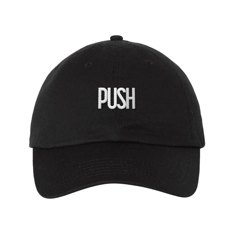 PUSH White Embroidered Logo Dad Cap Black sold by Black Maple Trading