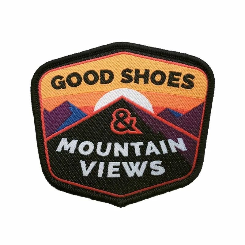 Good Shoes and Mountain Views Iron on Patch sold by Black Maple Trading