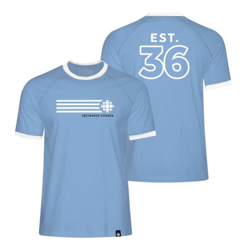 CBC White Gem Retro Stripe Ringer Tee Light Blue with White sold by Black Maple Trading