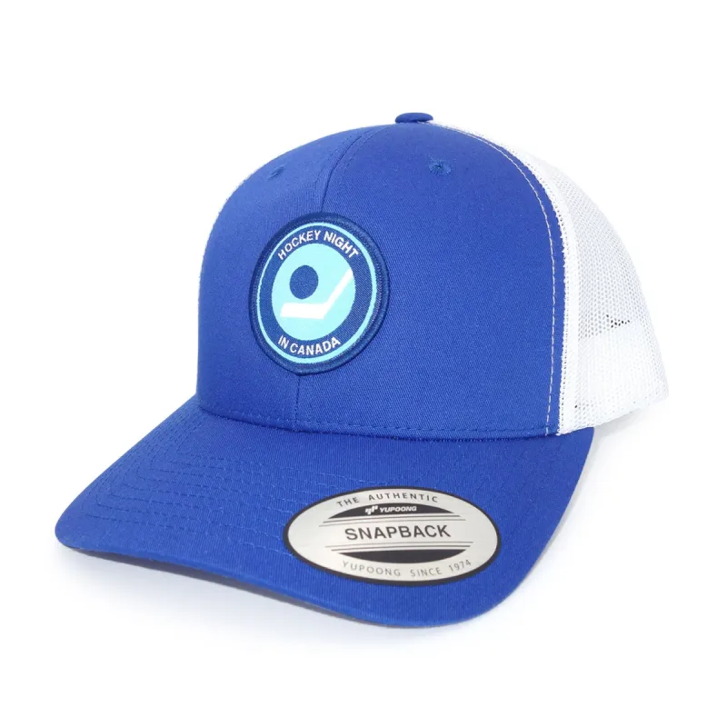 Retro Hockey Night in Canada Royal Blue and White Trucker cap sold by Black Maple Trading