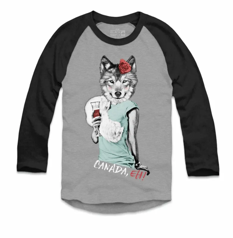 Lady Wolf with Wine Crewneck Raglan sold by Black Maple Trading