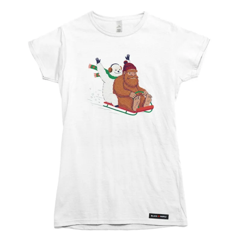 Yeti and Bigfoot Sledding T-shirt sold by Black Maple Trading