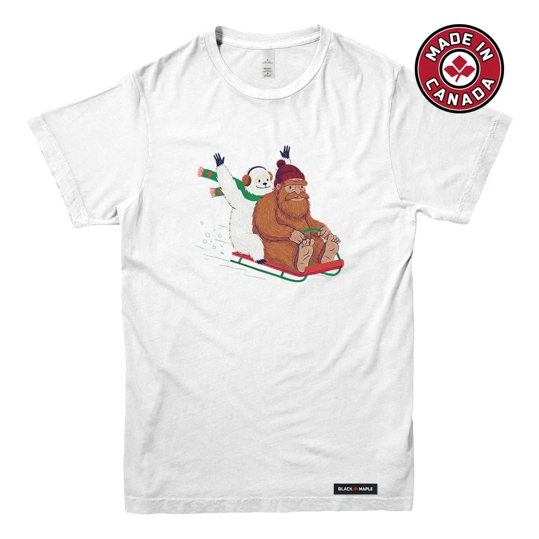 Yeti and Bigfoot Sledding T-shirt sold by Black Maple Trading product image thumbnail 4