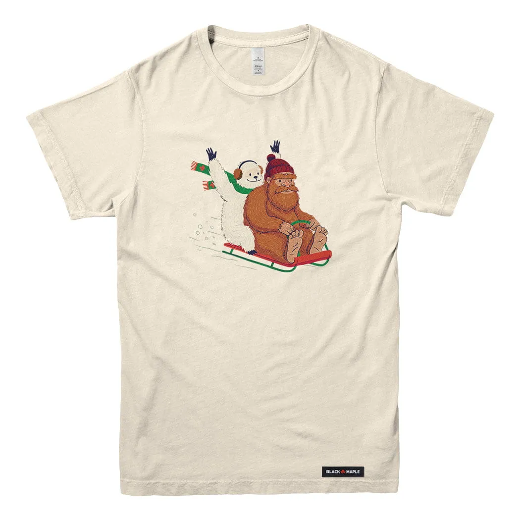 Yeti and Bigfoot Sledding T-shirt sold by Black Maple Trading product image thumbnail 2