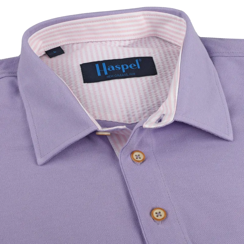 Corta TAILORED FIT Lavender Polo with Pink Seersucker Trim sold by Haspel