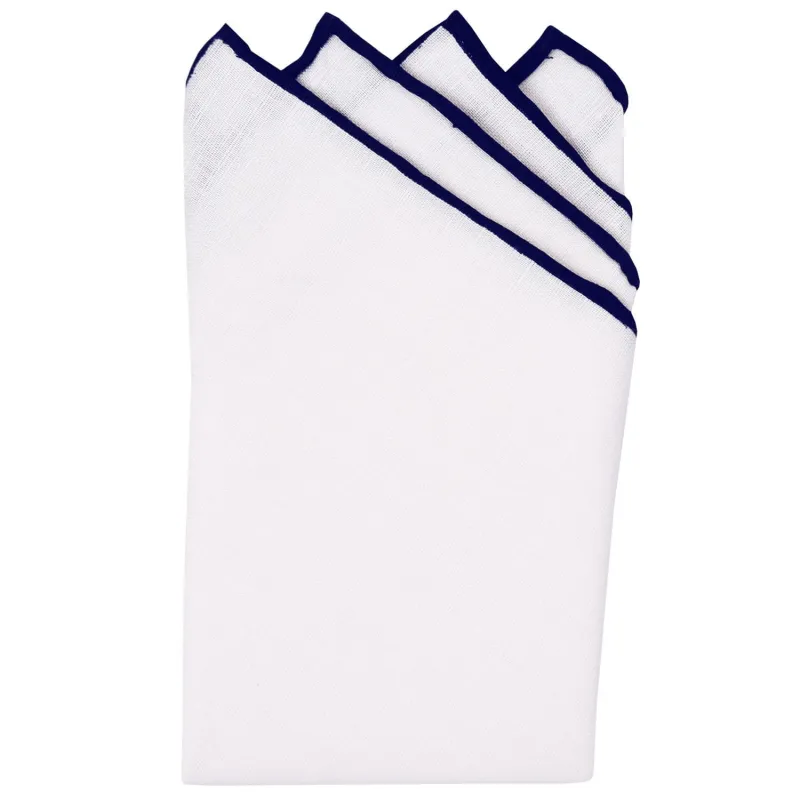 White/Navy Pre-Folded Linen Pocket Square sold by Haspel