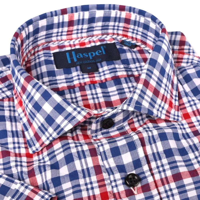 Freret Red & Blue Seersucker Check sold by Haspel