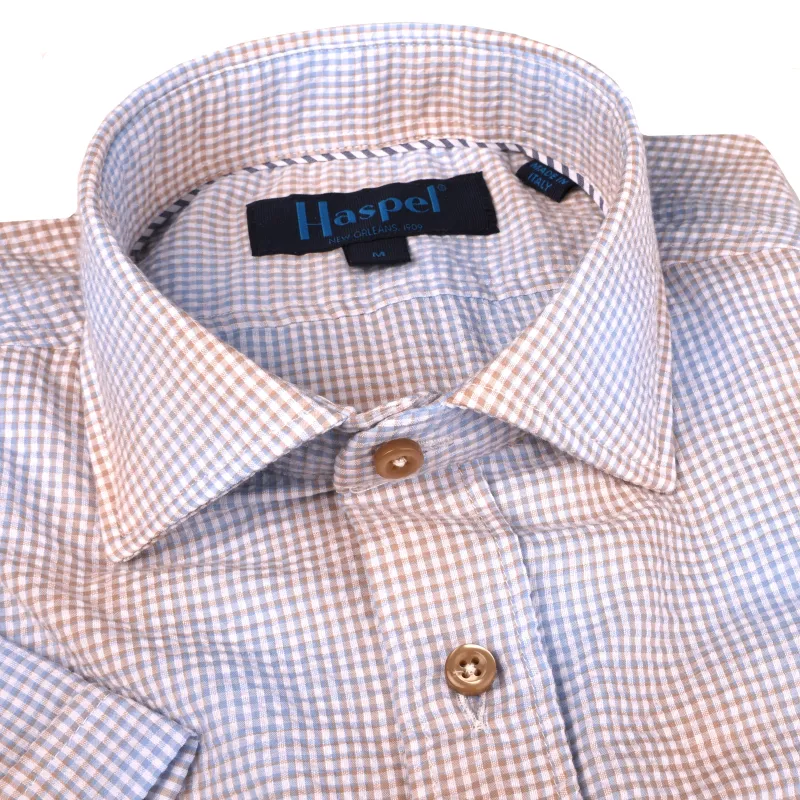 Freret Blue & Brown Mini Melange Check sold by Haspel