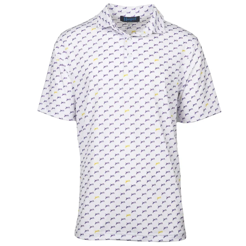 Purple & Gold Jumping Tiger Performance Polo sold by Haspel