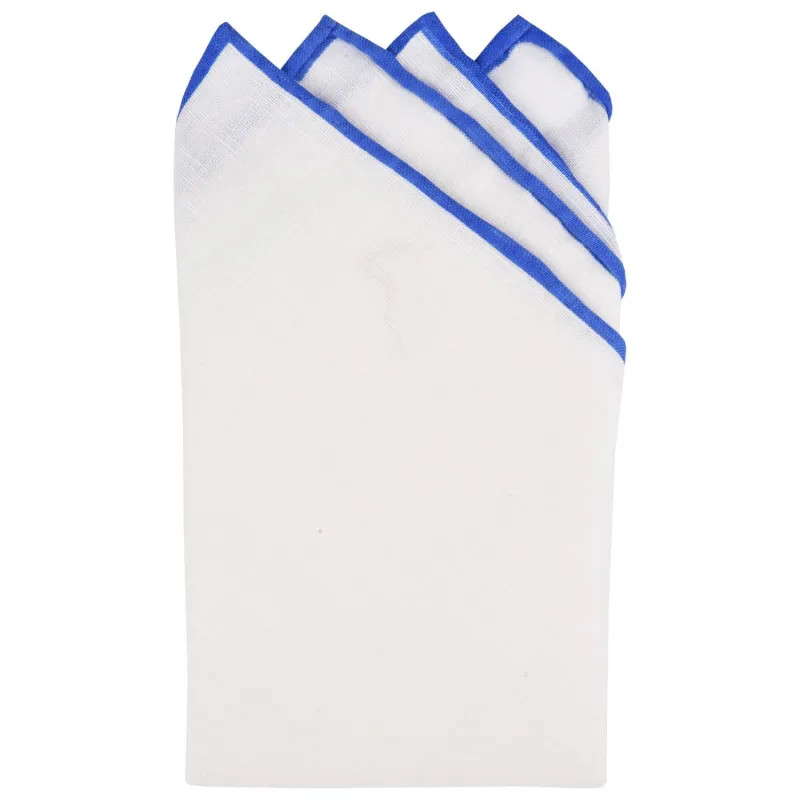 White/Royal Blue Pre-Folded Linen Pocket Square sold by Haspel