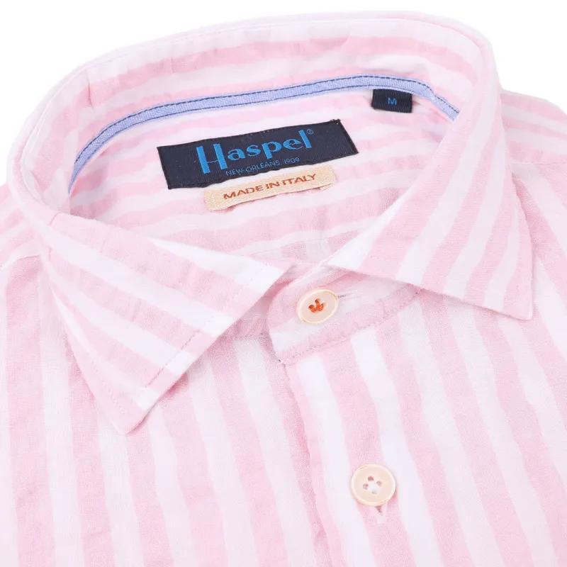 Kavanaugh Pink Umbrella Washed Stripe Seersucker sold by Haspel