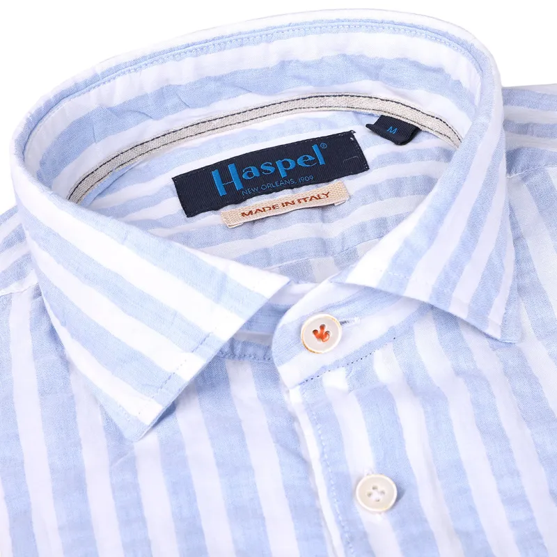 Kavanaugh Pale Blue Washed Stripe Seersucker sold by Haspel