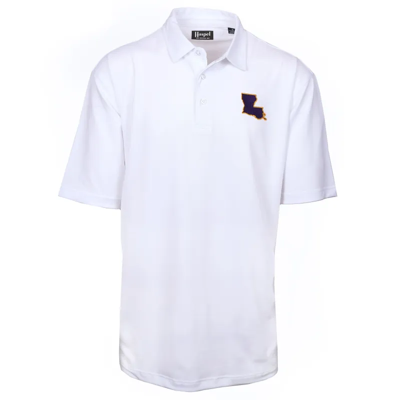 Louisiana White, Purple, & Gold Driway™ Performance Polo sold by Haspel