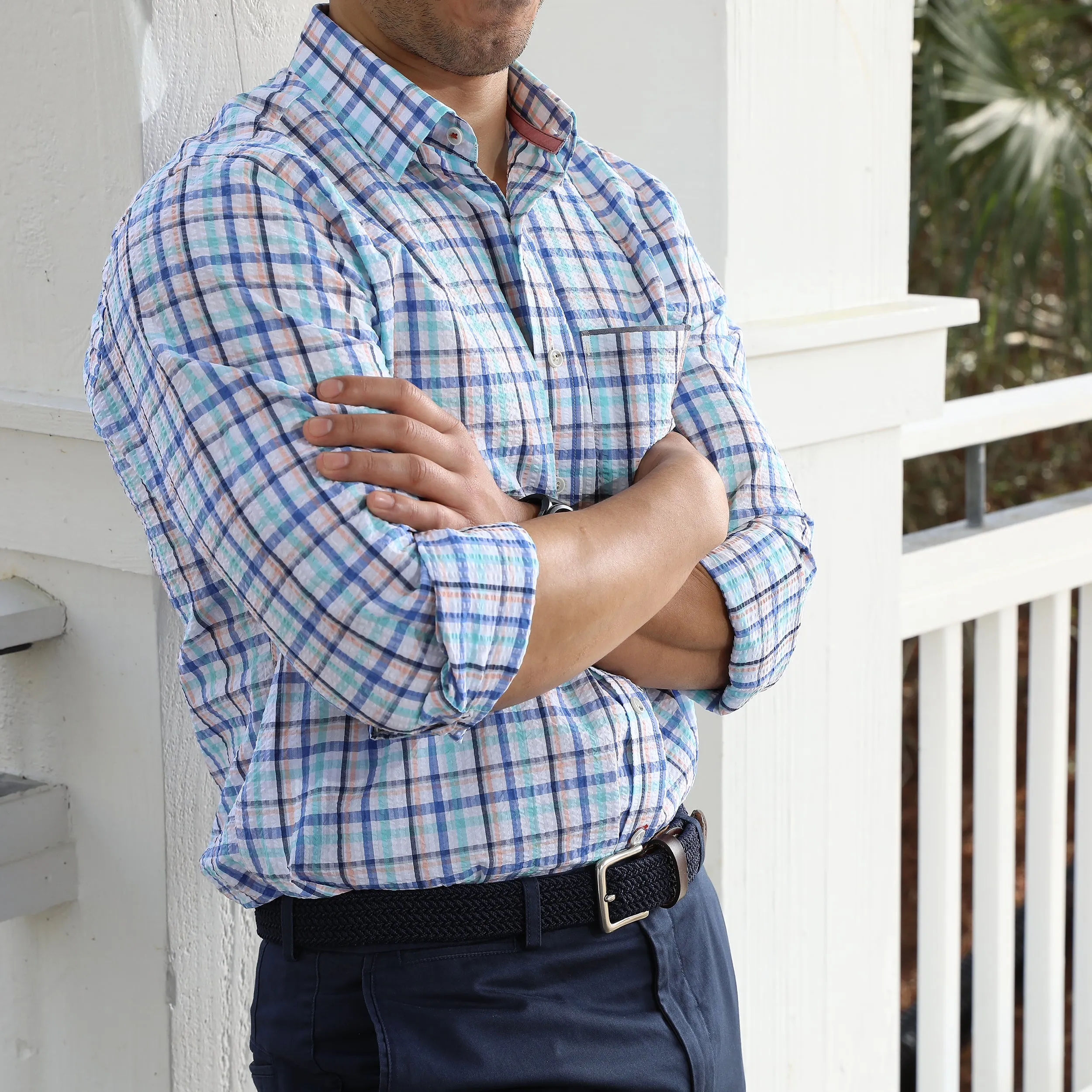 Chartres Royal Blue & Teal Long Sleeve Check Seersucker Shirt sold by Haspel product image thumbnail 2