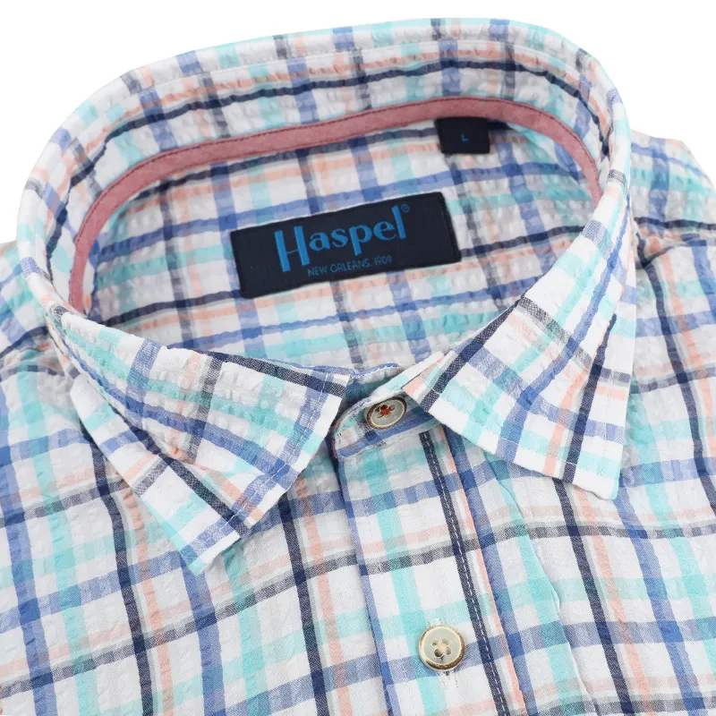 Chartres Royal Blue & Teal Long Sleeve Check Seersucker Shirt sold by Haspel