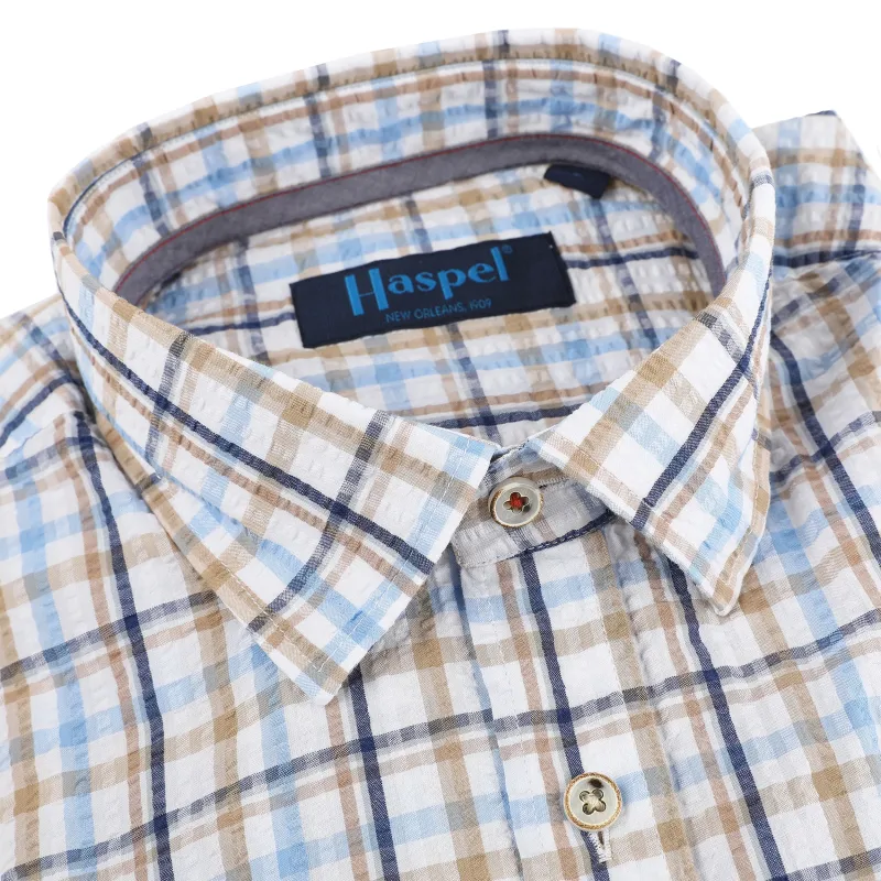 Chartres Blue & Tan Long Sleeve Check Seersucker Shirt sold by Haspel