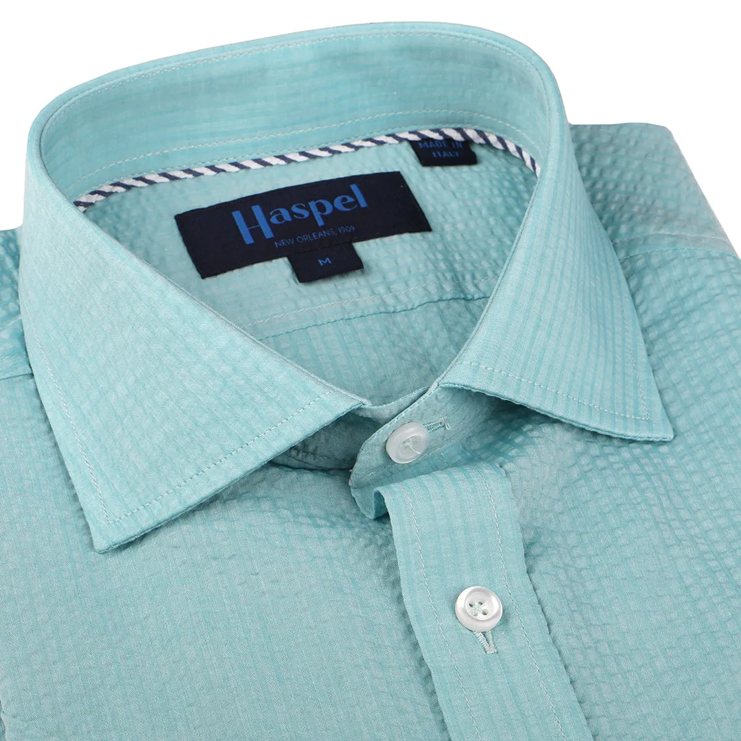 Chartres Long Sleeve Teal Solid Seersucker sold by Haspel