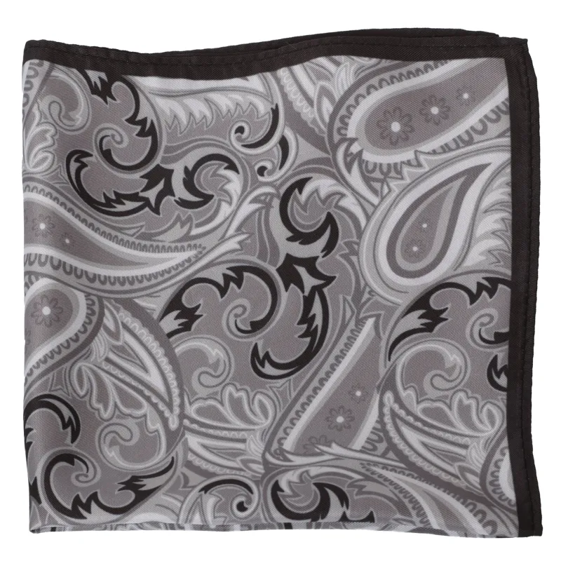 Black with Gray Paisley Silk Pocket Square made by Haspel