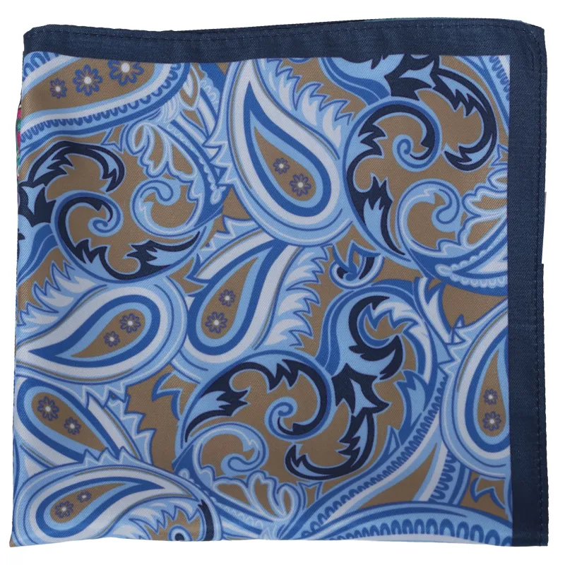 Brown with Blue Paisley Silk Pocket Square made by Haspel