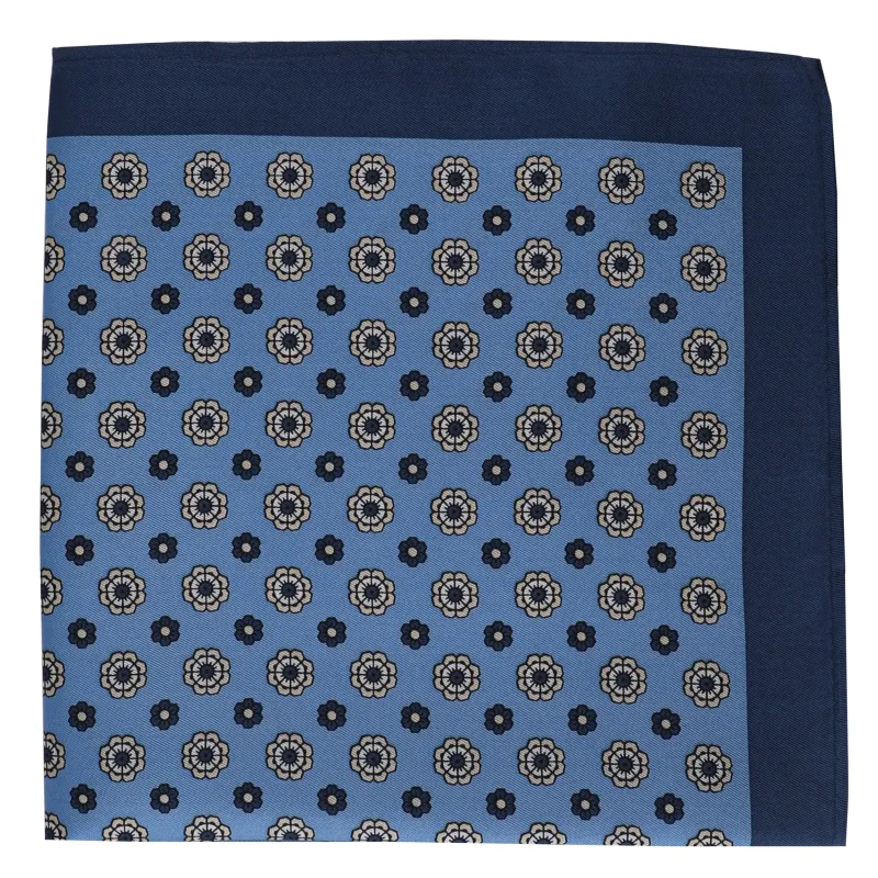 Lt. Blue with White Medallion Silk Pocket Square made by Haspel
