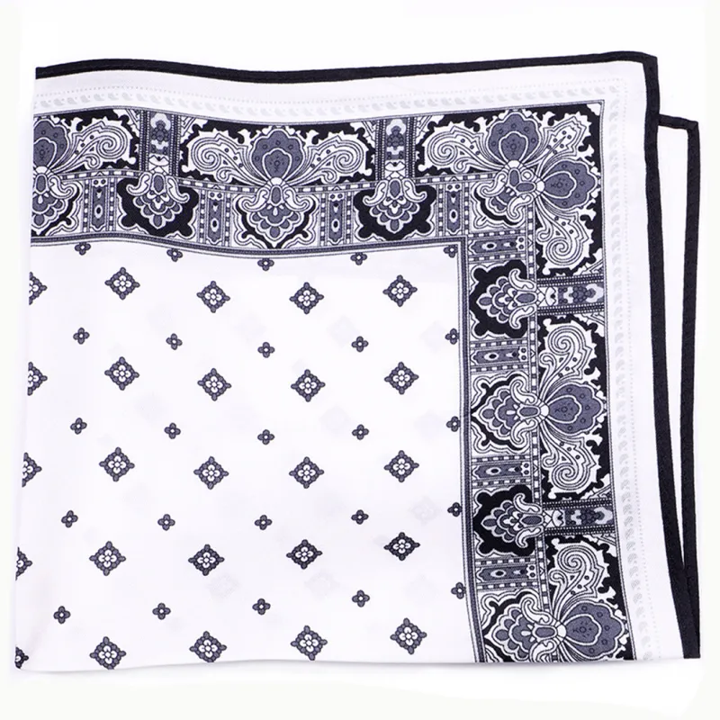 White with Black Paisley Border Silk Pocket Square made by Haspel