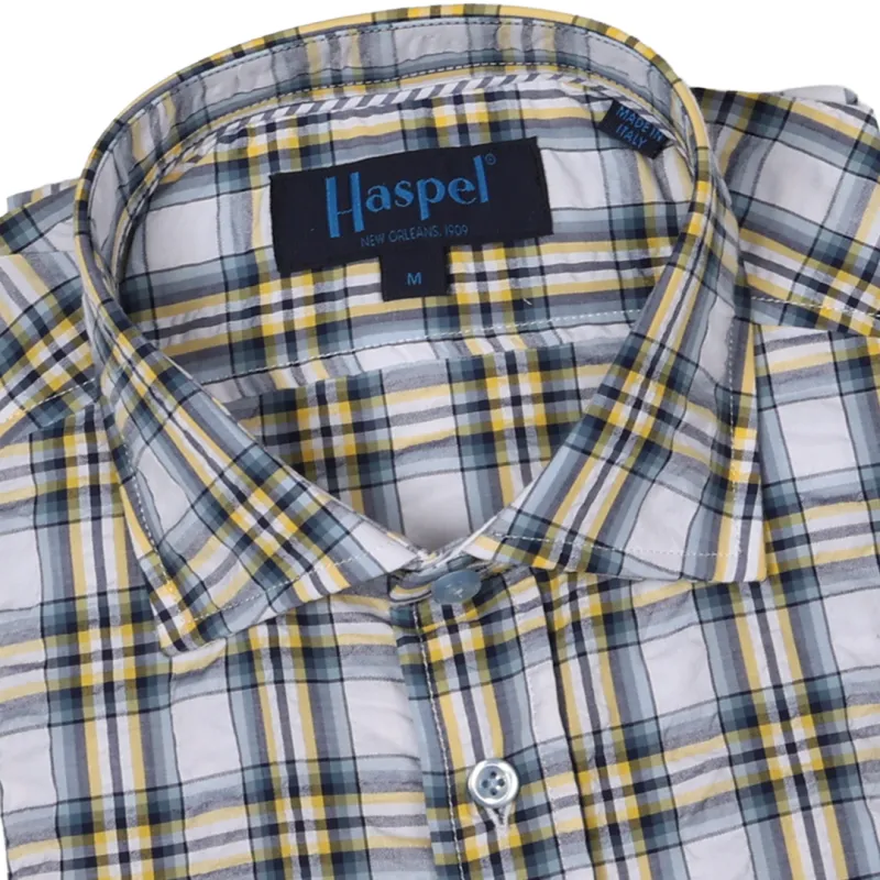 Chartres Blue, Yellow & White Plaid Long Sleeve Shirt made by Haspel