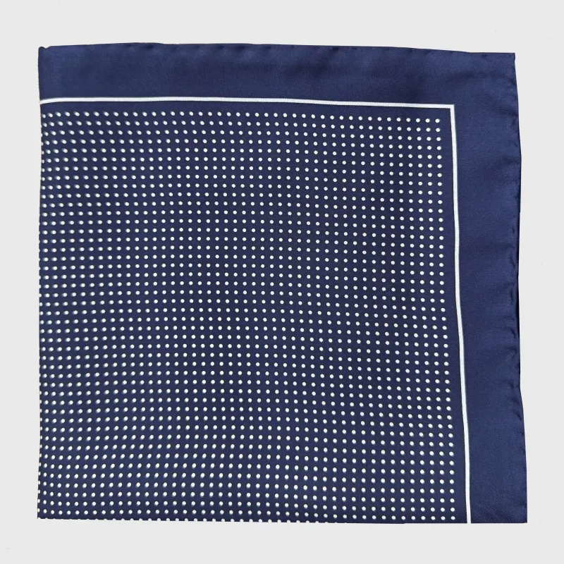 Navy with White Pindot Silk Pocket Square made by Haspel