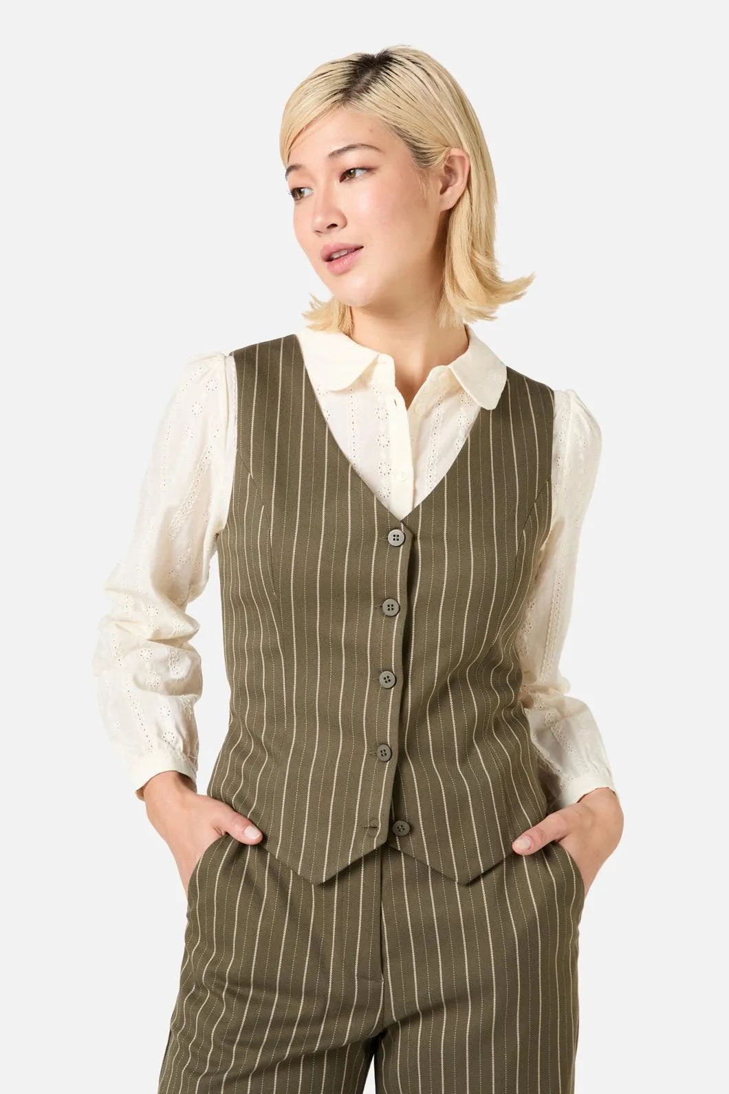 Abby Pinstripe V-Neck Vest sold by Princess Highway