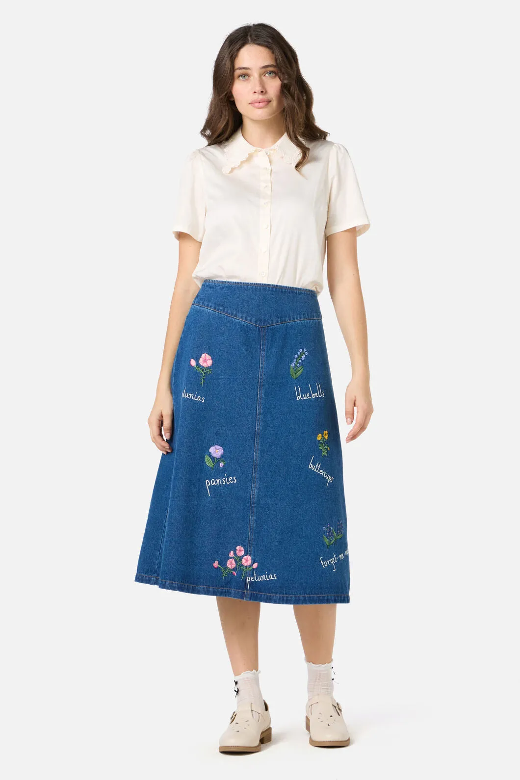 Flower Patch Emb Denim Skirt sold by Princess Highway