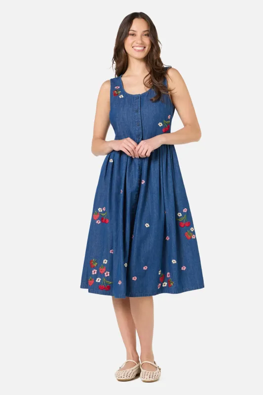 Berry Bloom Emb Denim Dress sold by Princess Highway