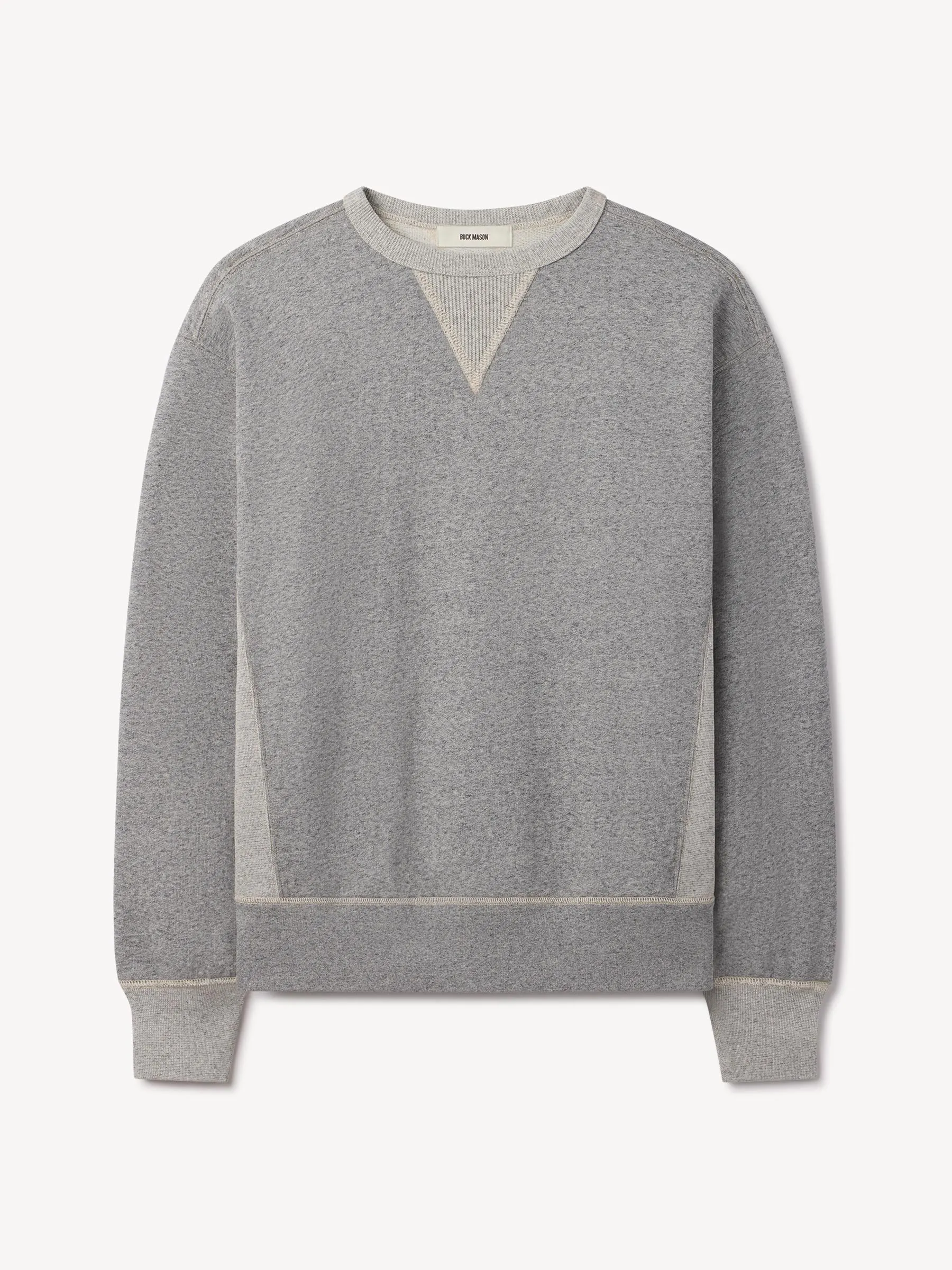 Two Tone Heather Grey Welterweight Double V Crew Sweatshirt sold by Buck Mason