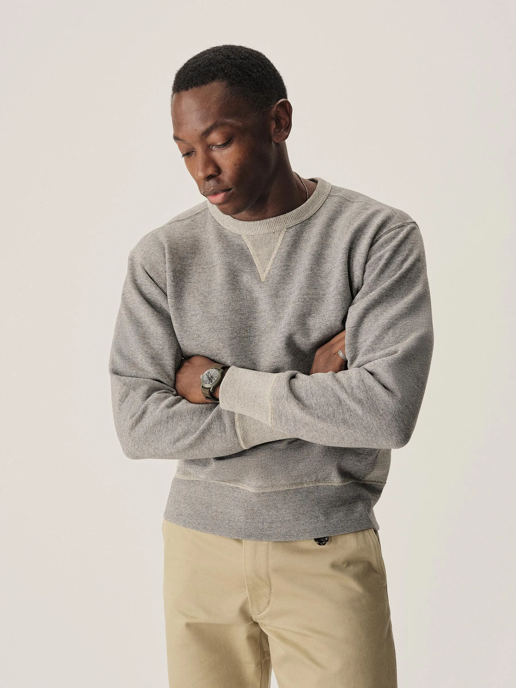 Two Tone Heather Grey Welterweight Double V Crew Sweatshirt sold by Buck Mason product image thumbnail 3