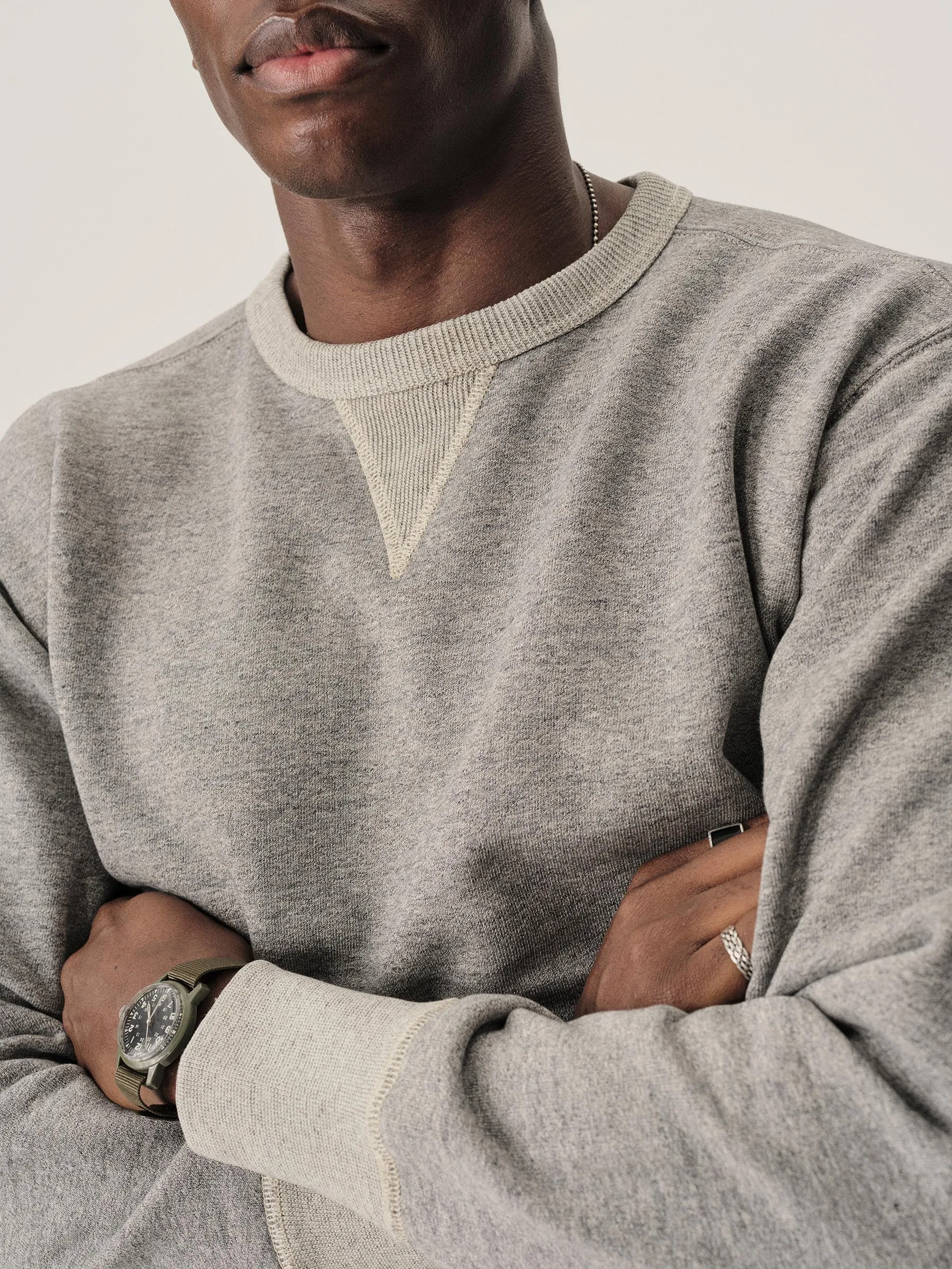 Two Tone Heather Grey Welterweight Double V Crew Sweatshirt sold by Buck Mason product image thumbnail 4