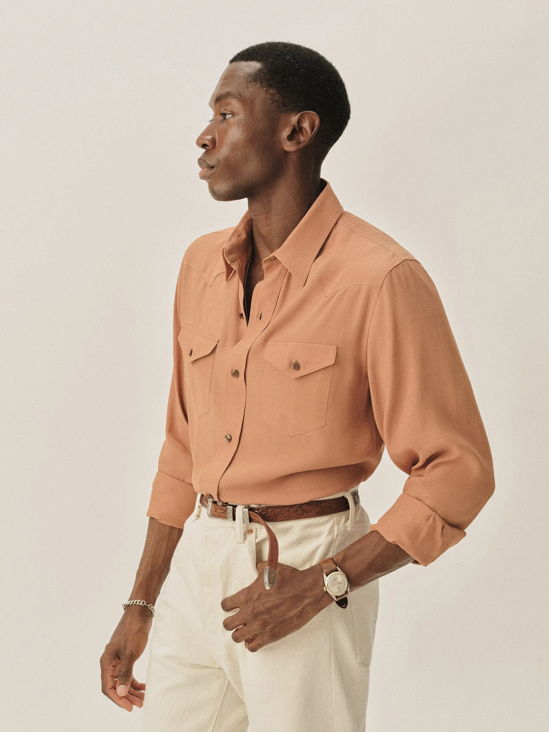Burnt Orange Sunset Rayon Western Shirt sold by Buck Mason product image thumbnail 4