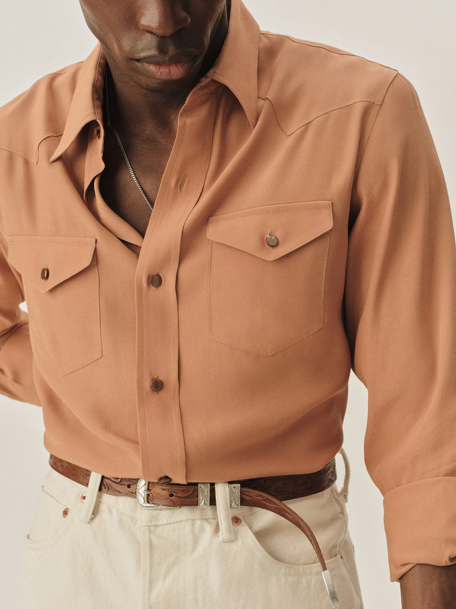 Burnt Orange Sunset Rayon Western Shirt sold by Buck Mason product image thumbnail 5