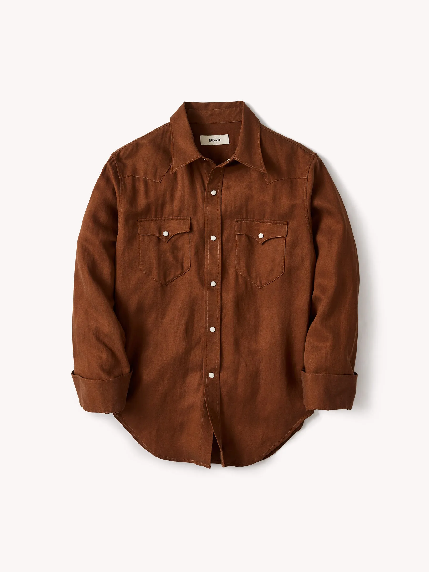 Rust Draped Linen Rancher Shirt sold by Buck Mason