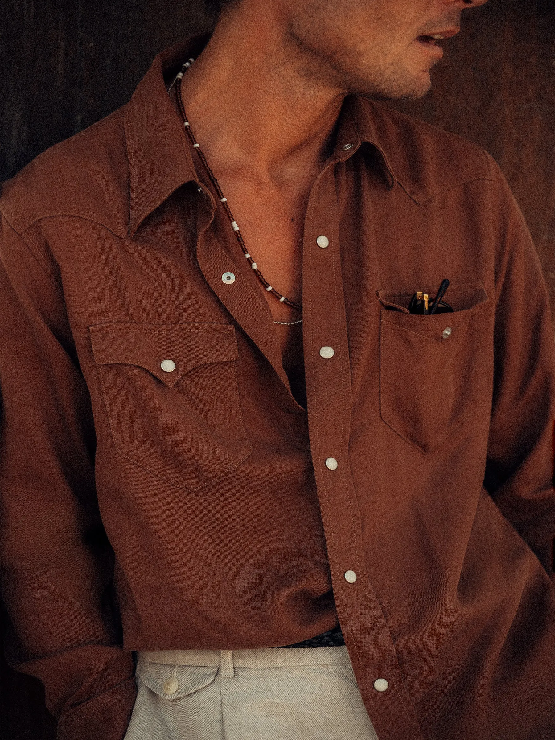 Rust Draped Linen Rancher Shirt sold by Buck Mason product image thumbnail 3