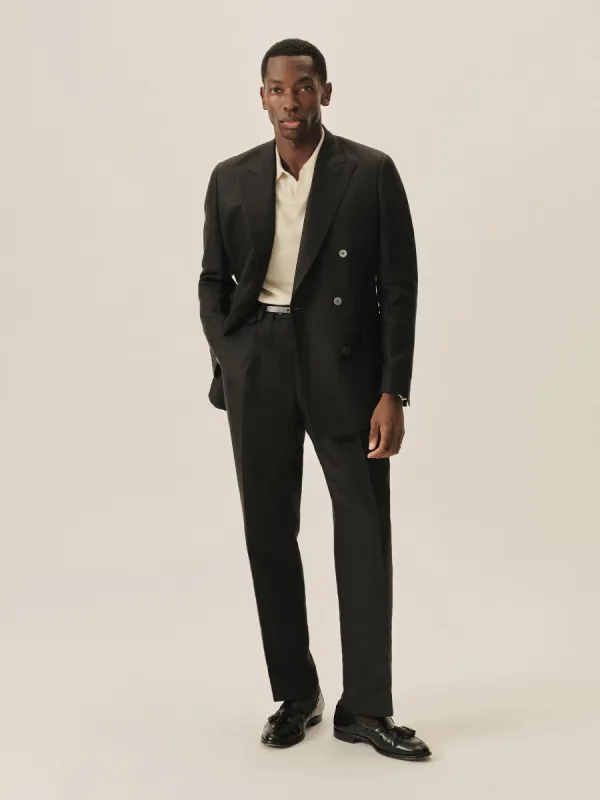 Black Charcoal Linen Herringbone Hollywood Double Breasted Jacket made by Buck Mason
