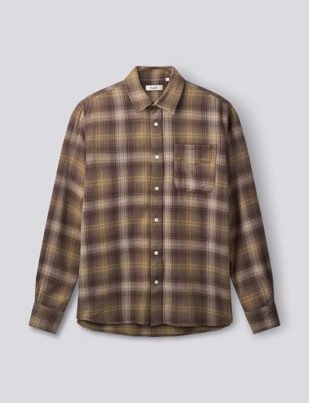 RIDGE REGULAR FIT FLANNEL SHIRT - WOOD CHECK made by Foret