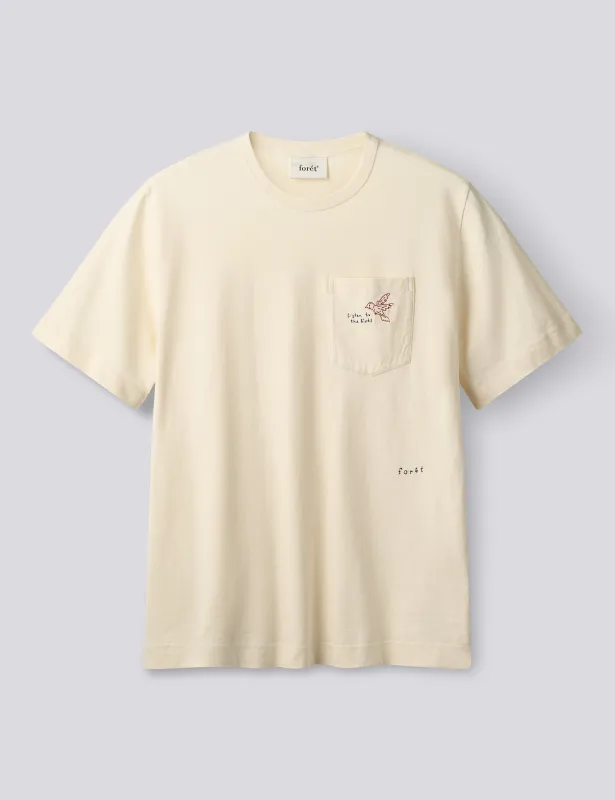 BIRD EMBROIDERED POCKET T-SHIRT - CLOUD made by Foret