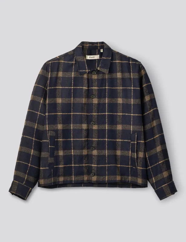 SUN WOOL RELAXED FIT CHECK OVERSHIRT - NAVY made by Foret