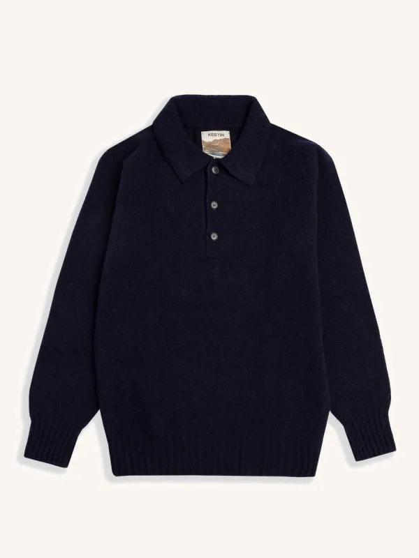 Lewis Brushed Shetland Polo in Navy Lambswool made by Kestin