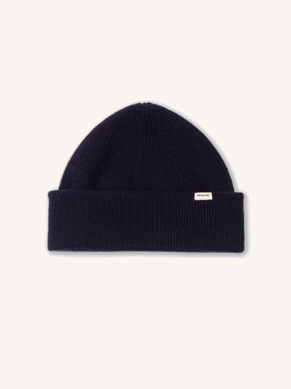 Braemar Beanie in Navy Lambswool sold by Kestin
