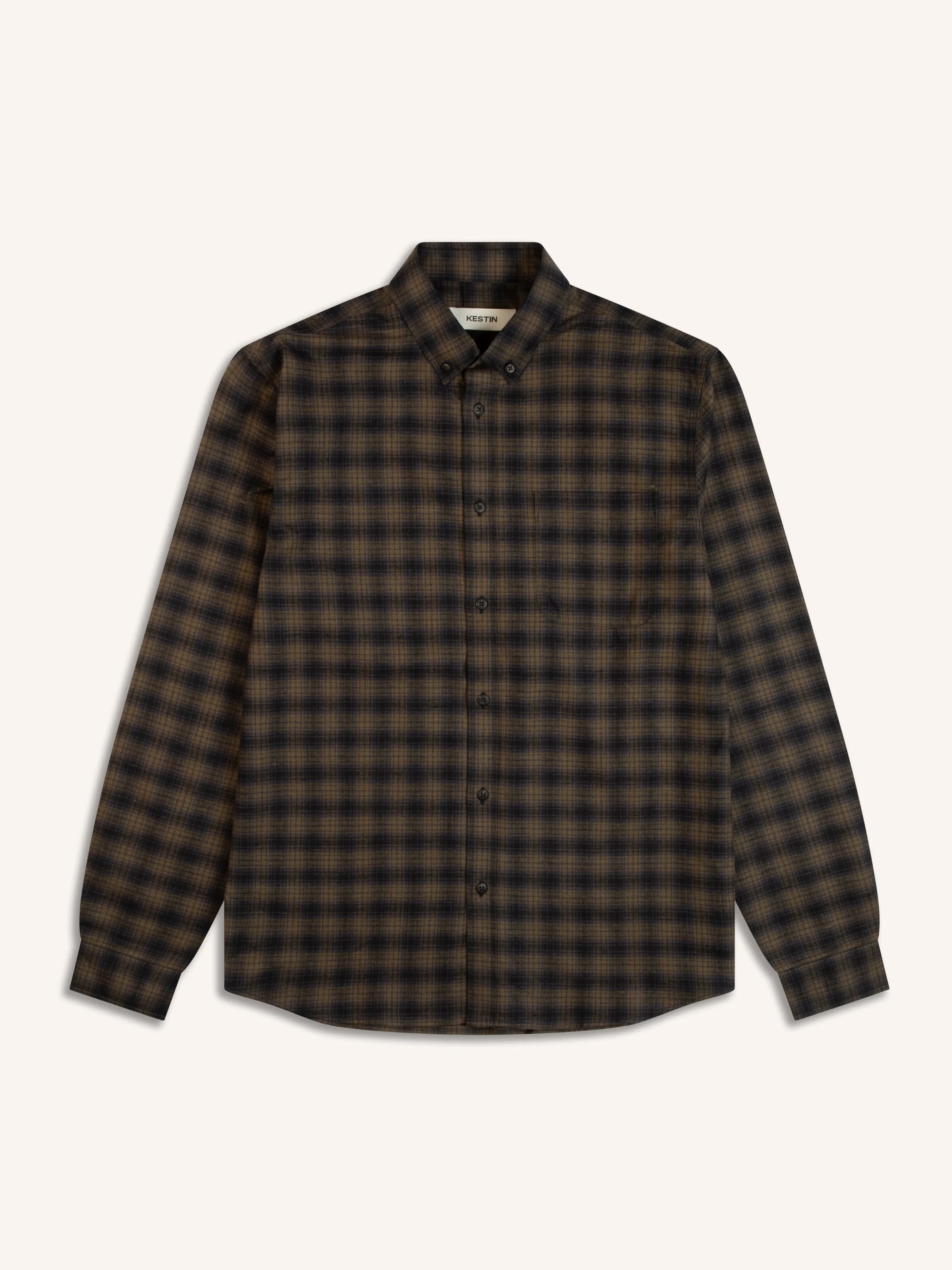 Raeburn Button Down Shirt In Charcoal / Khaki Check Cotton / Linen Blend sold by Kestin