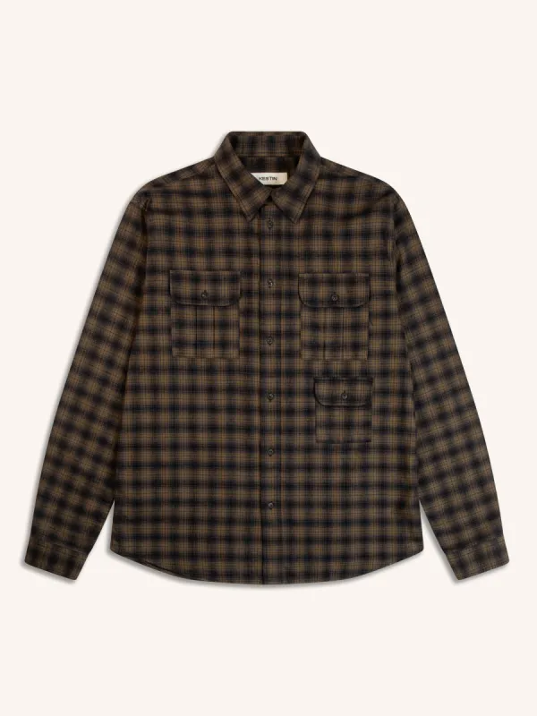 Kinnaird Shirt In Charcoal / Khaki Check Plaid Cotton sold by Kestin